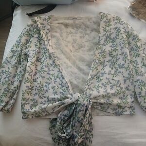 Ganni Blue and Green Floral Wrap Blouse